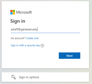 Sign-in screen displayed after navigating to outlook.live.com/owa and clicking 'sign in.' The page will have a Microsoft logo, and a single field labeled 'Sign In.' A 'Next' button is also displayed.